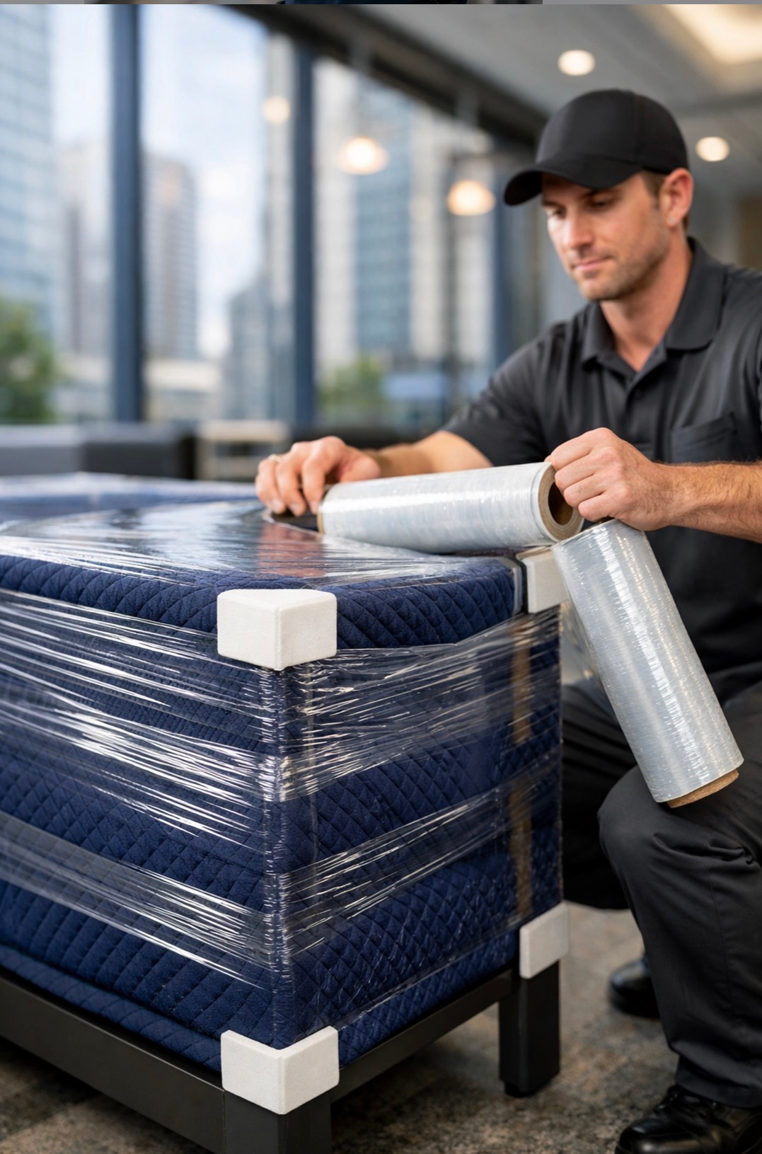 Mighty Movers Logistics providing furniture wrapping services at a Houston office.